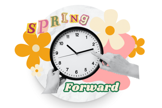 PNG, Poster Collage, clock with hands, flowers and with text, isolated on white background.