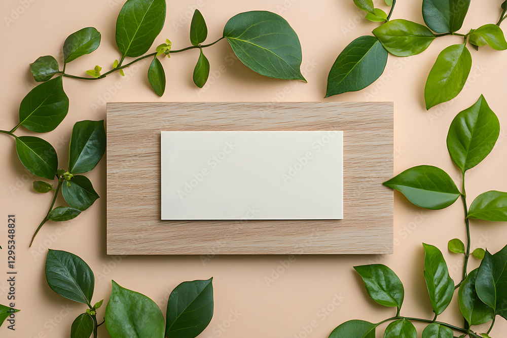 Poster elegant stationery mockup with green leaves and natural wood frame for branding and invitations on a