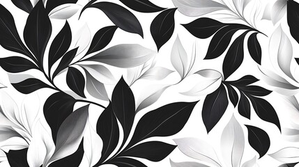 A seamless black and white pattern of floral leaves, sharp geometric edges intertwining with soft curves, minimalist high-contrast design emphasizing modern and abstract elegance. --ar 16:9 --tile