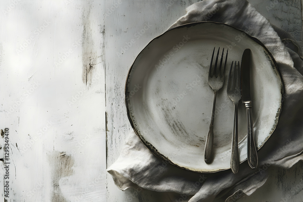 Poster elegant table setting with vintage silverware and rustic plate on a textured linen napkin and a whit