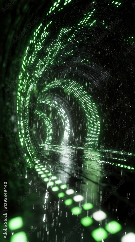 Poster mysterious green tunnel glowing lights digital code abstract technology futuristic dark depth perspe