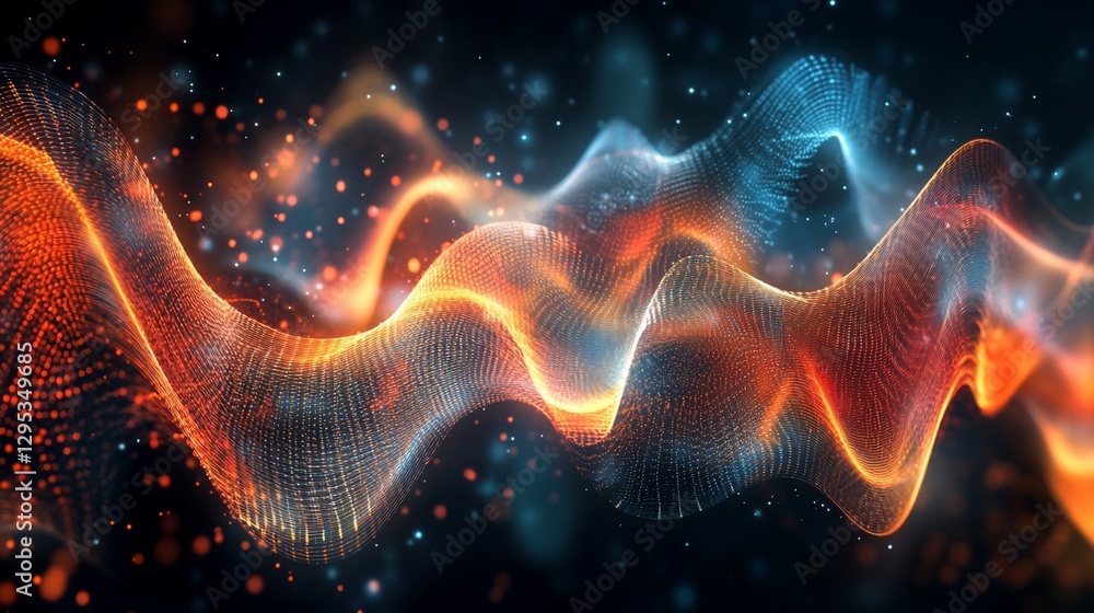 Poster abstract glowing wave with orange and blue light on a dark background with bokeh