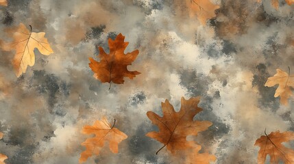A seamless pattern of abstract oak leaves, subtle earth tones like ochre, pine green, and faded gray, distressed textures and soft lighting for a vintage-inspired artistic design. --ar 16:9 --tile