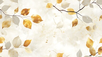 A seamless pattern of birch leaves in abstract white and gold hues, delicate bark-inspired textures running through the design, glowing softly under warm light,