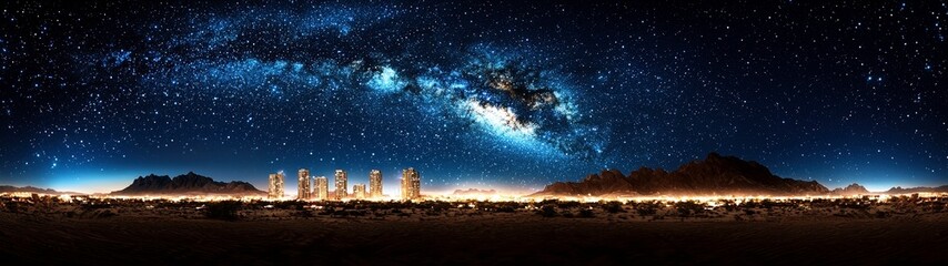 Serene night, desert city lights under Milky Way