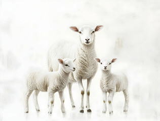 Obraz premium Elegant White Sheep Family Portrait, A Serene Depiction of Motherhood and Innocence in a Minimalist Artistic Style, emphasizing the purity and connection