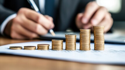 A professional man dressed in a suit and tie holding a pen in one hand and a stack of coins in the other
