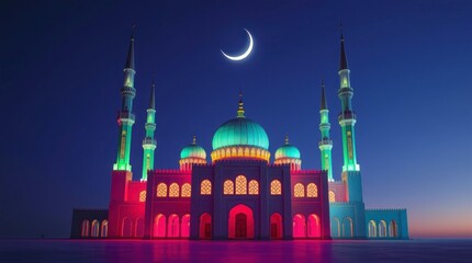Stunning Night View of Illuminated Mosque Under Crescent Moon