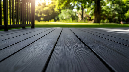 Elevated outdoor living, A close-up of a meticulously crafted composite deck, seamlessly blending modern aesthetics with natural serenity in the backyard