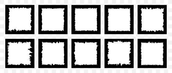 Set of Jagged Square shapes. Black grunge frames. Textured abstract element bundle for collage, text box, banner, sticker. Vector illustration isolated on white background.
