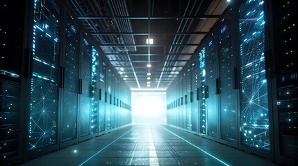 Futuristic server room with glowing data streams.