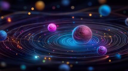 Neon black light sgraffito solar system 3d illustration