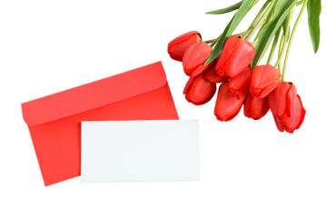 Red tulips, envelope and paper, space for text, isolated on white background, PNG