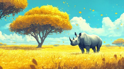 Majestic Rhinoceros Roaming Through Lush Yellow Grassland Under Vibrant Blue Sky with Fluffy White Clouds and Trees