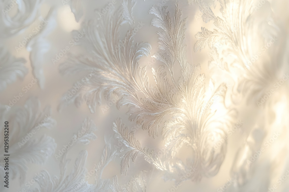 Poster ethereal winter patterns with delicate frost formations on window glass catching sunlight, creating 