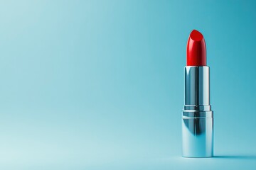 lipstick placed on the right side of an empty blue background, is captured in a frontal view with soft lighting