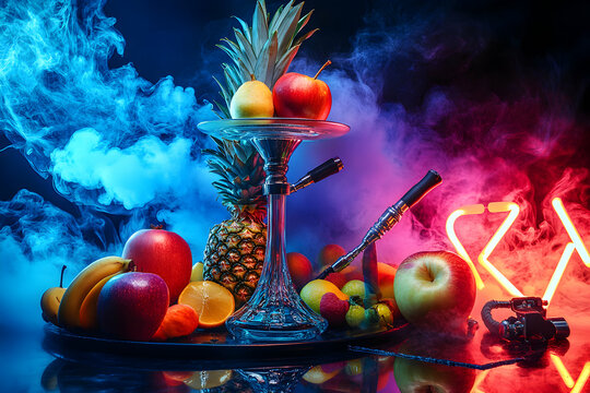 Exotic Hookah Still Life with Tropical Fruits and Vibrant Smoke, a fusion of traditional relaxation with a burst of refreshing, fruity flavors in a modern setting