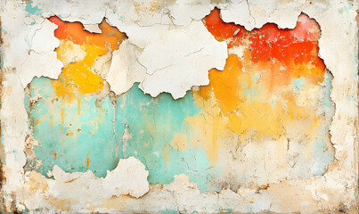 Obraz premium Abstract textured background of a weathered wall with peeling paint in teal, orange, and yellow hues. Ideal for design projects needing a vintage or distressed aesthetic.