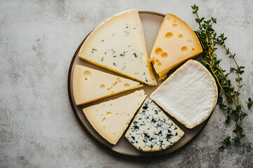 Exquisite Cheese Selection, An Overhead Shot of Various Cheese Types on a Plate, Perfect for Food Blogs, Culinary Articles, and Gastronomic Presentations