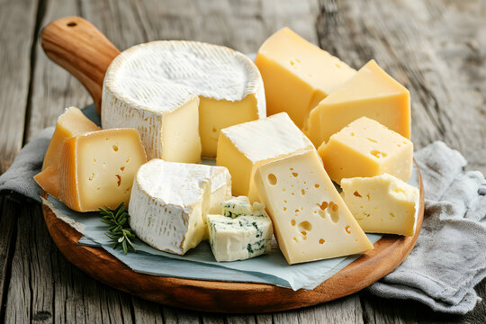 Exquisite Cheese Platter, A Gourmet Selection of Brie, Cheddar, and Blue Cheese on Rustic Wooden Board for Culinary Delights and Cheese Connoisseurs