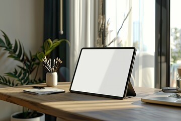 Side View of Worktable with Digital Tablet Mockup and Supplies in Home Office Room