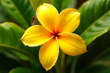 Fototapeta premium Close-up of a Bright Yellow Plumeria Flower in Lush Green Foliage