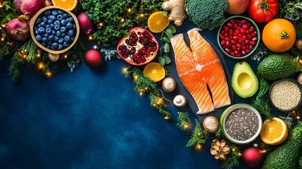 Crédence de cuisine Herbes Festive Feast of Nutrients, A Vibrant Display of Fresh Produce and Salmon for a Healthy and Joyful Holiday Season Celebration and Meal Inspiration  © Gustav
