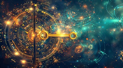 Futuristic Digital Clock Design with Abstract Background and Golden Elements in Space Environment