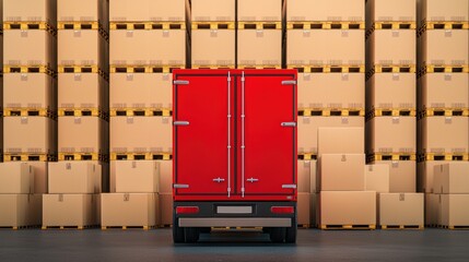 red delivery truck parked in front of warehouse filled with neatly stacked cardboard boxes