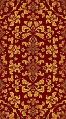 An Abstract Textile Design Incorporating A Repeating Pattern Of Stylized Floral Motifs In A Rich Tapestry Of Deep Reds, Golds, And Blues, With A High Level Of Intricate Detailing, Th.