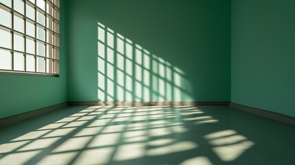 Sunlight casting dramatic shadows through iron bars onto the concrete wall and floor of a dark prison cell