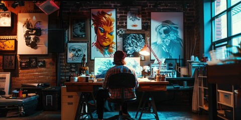 A tattoo artist in a modern studio with an AI assistant as a digital sketch artist providing design ideas and patterns. Tattoo equipment in background. AIG60