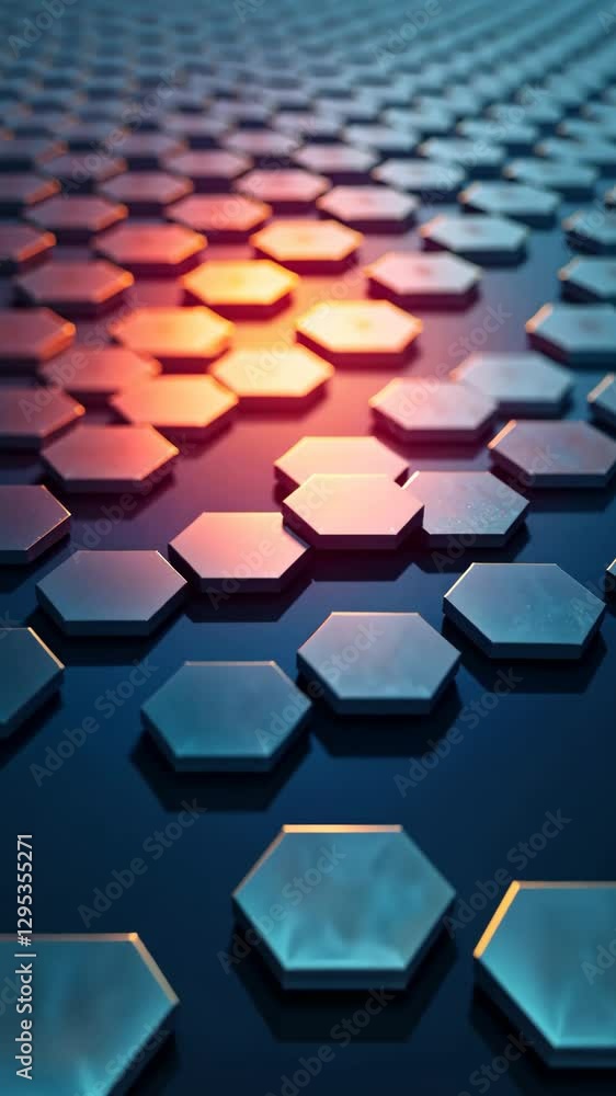 Poster a close up of a blue and red hexagon. the blue hexagon is surrounded by red hexagons