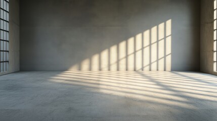 Obraz premium Sunlight casting dramatic shadows through iron bars onto the concrete wall and floor of a dark prison cell