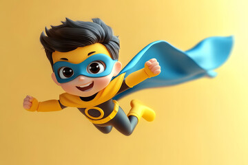 Fototapeta premium Cute cartoon boy superhero flies in air with joyful expression