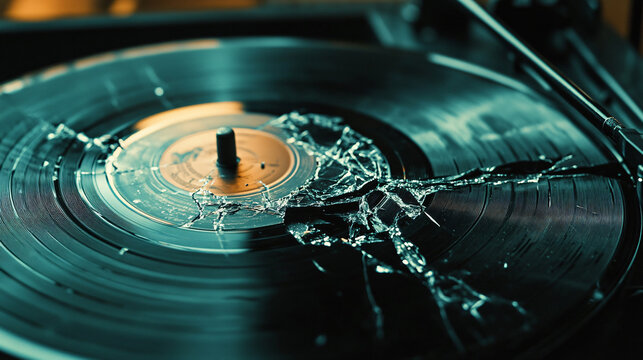 Broken vinyl record spinning turntable nostalgic vintage music scratched shattered disc analog sound old crackled surface retro audio damaged grooves worn-out nostalgia cinematic wallpaper lost fix