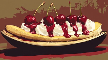 A Classic Banana Split Delight:  Creamy Whipped Cream, Sweet Cherries, and a Ripe Banana Boat