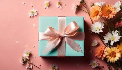 俯瞰で撮った贈り物 プレゼント　花びらや花が散りばめられた背景