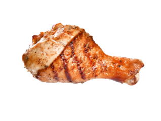 Grilled chicken leg, drumstick isolated on a transparent background, Grilled chicken leg, drumstick isolated on white background.