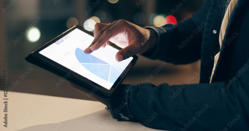 Poster Black man, tablet and working at night in office with business analytics for company with graphs. Finance, planning or trading with broker for overtime on internet or searching app with trader.