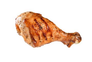 Grilled chicken leg, drumstick isolated on a transparent background, Grilled chicken leg, drumstick isolated on white background.