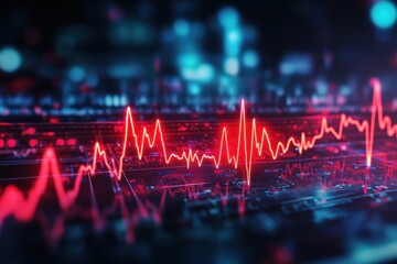 Fototapeta premium Red digital heartbeat line on circuit board. Illustrates technology, health, or data flow concepts.
