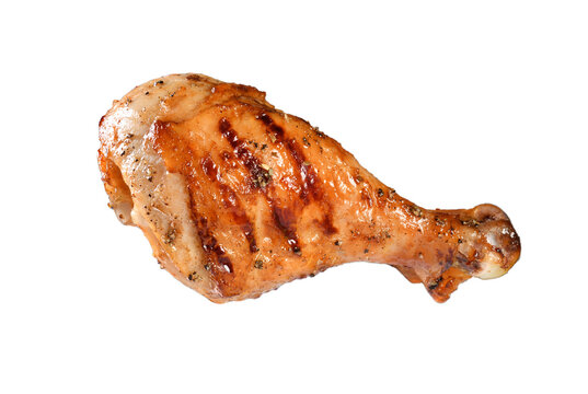 Grilled chicken leg, drumstick isolated on a transparent background, Grilled chicken leg, drumstick isolated on white background.