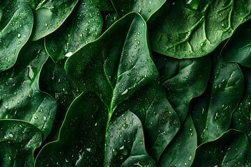 Fototapeta premium Fresh Spinach Leaves with Water Droplets, A Vibrant Display of Nature's Bounty, Perfect for Healthy Eating and Wellness Concepts