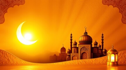 Golden Mosque Sunset Ramadan Scene Islamic Art