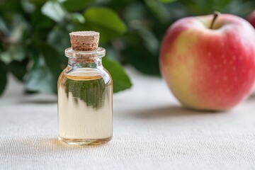 Fresh and juicy red next to a bottle of homemade cider on a rustic wooden table in a cozy kitchen setting