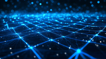Obraz premium Futuristic Blue Network Grid - A High-Tech Digital Landscape Representing Connectivity, Data Flow, and Modern Technology with a Gleaming Light Effect