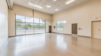 Obraz premium Vast Industrial Space: A spacious, bright industrial interior with high ceilings, polished concrete floors, and large windows showcasing abundant natural light. The clean.