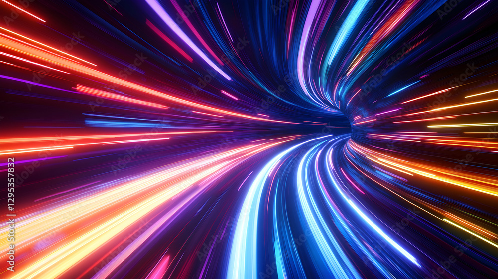 Poster futuristic tunnel with neon lights, a journey through time and space, showcasing abstract speed and 