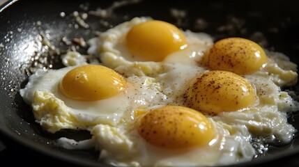 Closeup of Delicious Fried Eggs in Pan, Sunny Side Up Breakfast Food